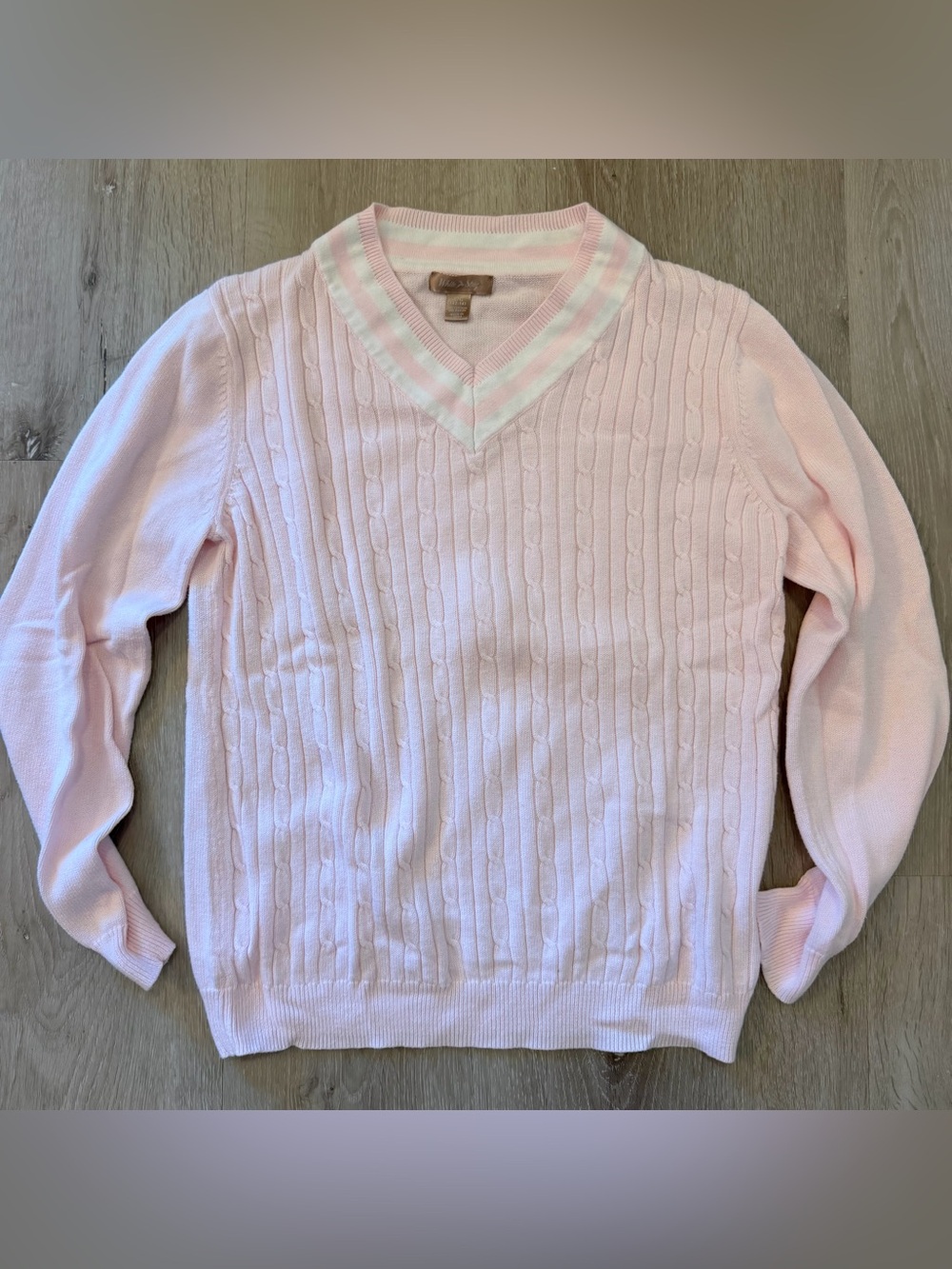 White Stag pink cable-knit varsity sweater size Large